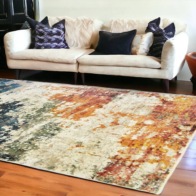 Cewe Distressed Abstract Modern Stain Resistant Woven with Fringe Area Rug By HomeRoots - 116' X '92' X '0.39 - Cream/Onyx - Rectangle