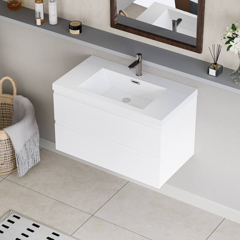 35.5-Inch Floating Bathroom Vanity with Glossy Resin Sink, Ash Grey Color, Wall-Mounted Design, 2 Drawers