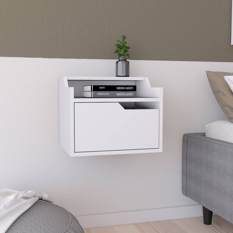 Modern Floating Nightstand with Dual-Tier Design and Spacious Drawer Storage, White - White