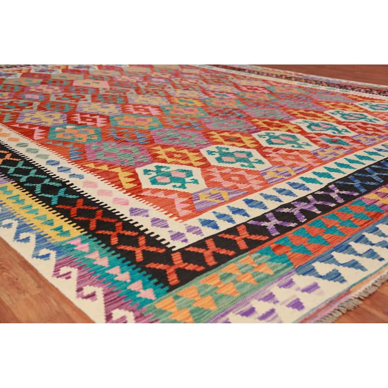Reversible Kilim Oriental Area Rug Hand-Woven Dining Room Wool Carpet - 9'10"x 12'11"