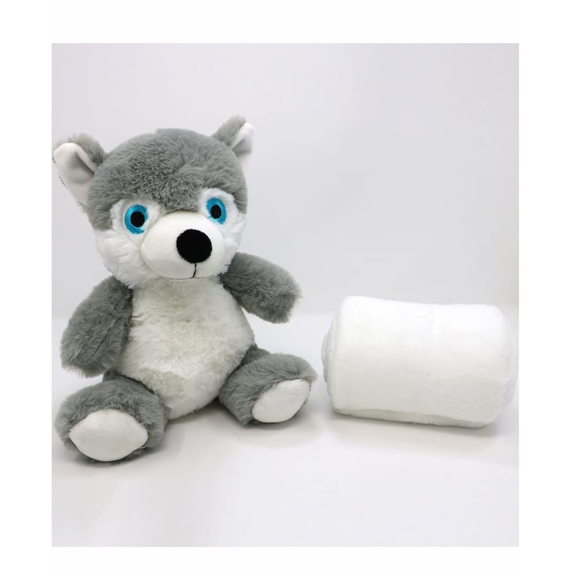 Boys and Girls Plush Gray Wolf With Blanket