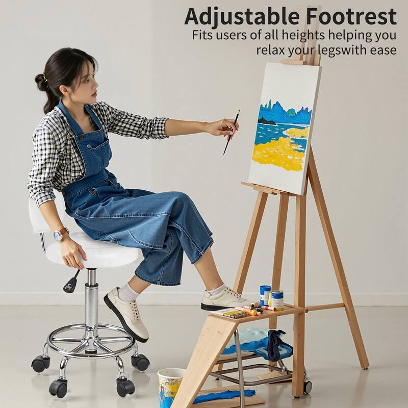 Javlergo White Office Chair Stool PU Leather Backrest Rolling Salon Stool Round Swivel Drafting Spa Stool