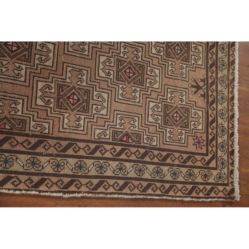 Geometric Balouch Persian Vintage Runner Rug Handmade Wool Carpet - 3'4" x 8'8"