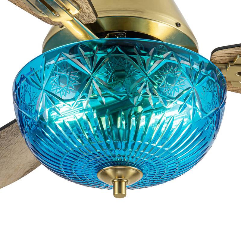 Maisie River of Goods 3-blade 42-inch Modern Indoor Ceiling Fan with Blue Hand-Cut Glass Globe Shade and Remote