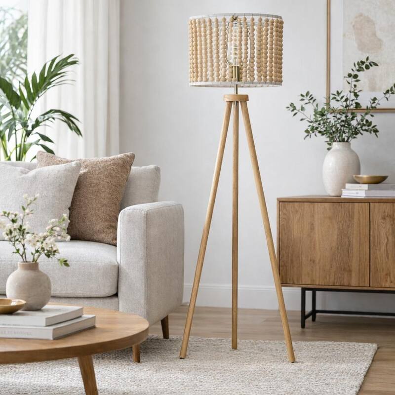 Sofi Natural Wood Tripod Floor Lamp with Beaded Shade