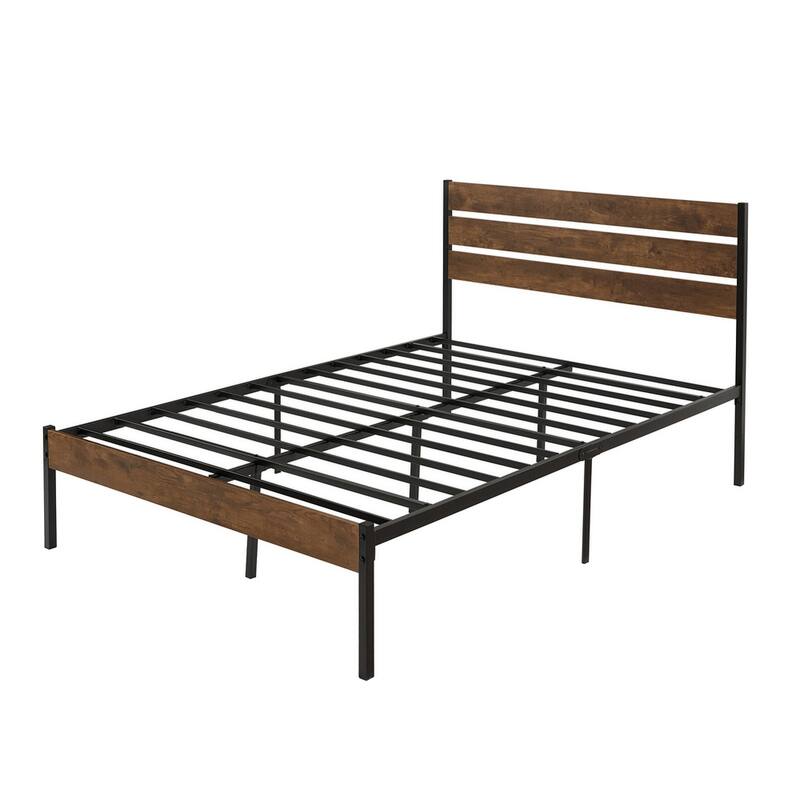 Wood Platform Bed Frame with Headboard and Metal Frame