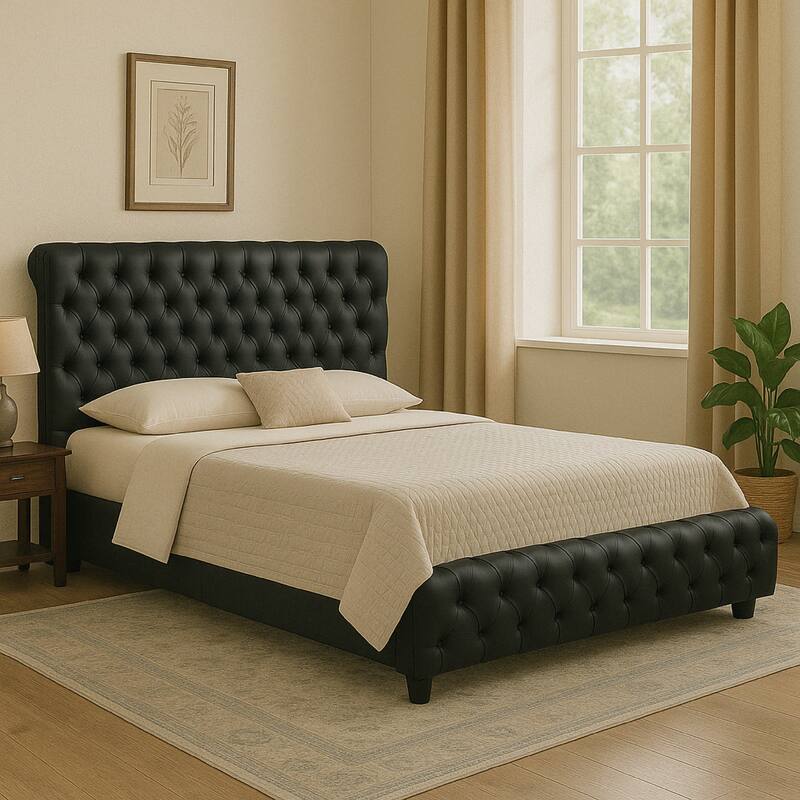 James Queen Size Bed, Platform Style, Button Tufted Black Velvet Upholstery