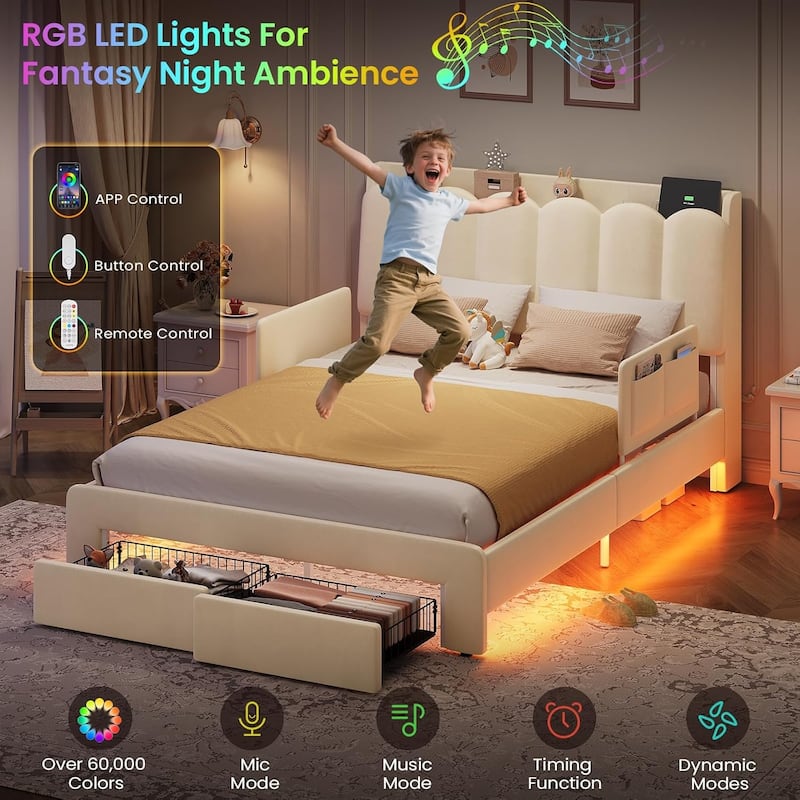 LED Bed Frame Storage DrawerSafety Guardrails Velvet Princess Platform Bed Kids