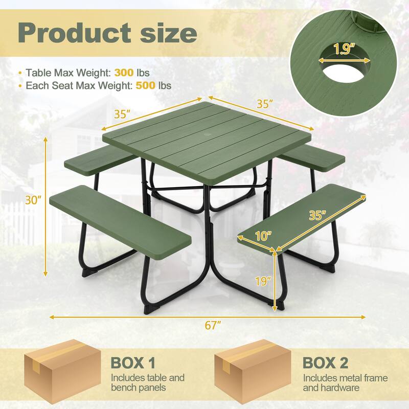 Gymax Outdoor Picnic Table 8-person Square Picnic Table Bench Set w/ 4