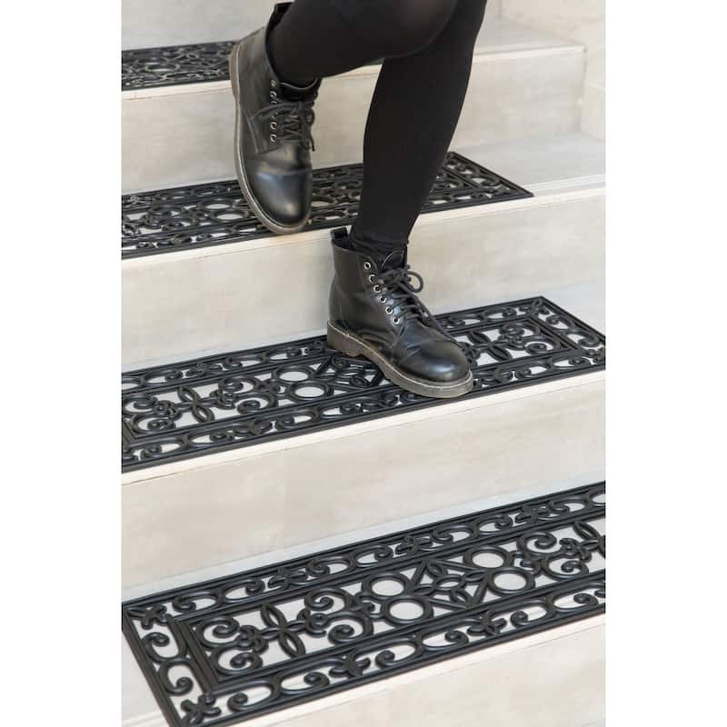 Decorative Scrollwork Design Rubber Stairs Anti-Slip Tread Mat Carpet, Set of 4 - 10 x 30