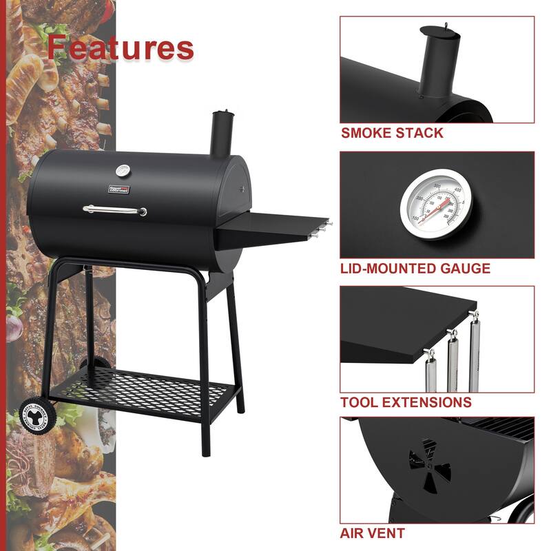 Royal Gourmet 30-Inch Barrel Charcoal Grill with Side Table, Black
