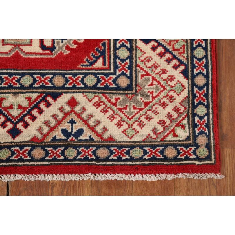 Red Geometric Kazak Oriental Runner Rug Hand-Knotted Wool Carpet - 2'8" x 9'4"