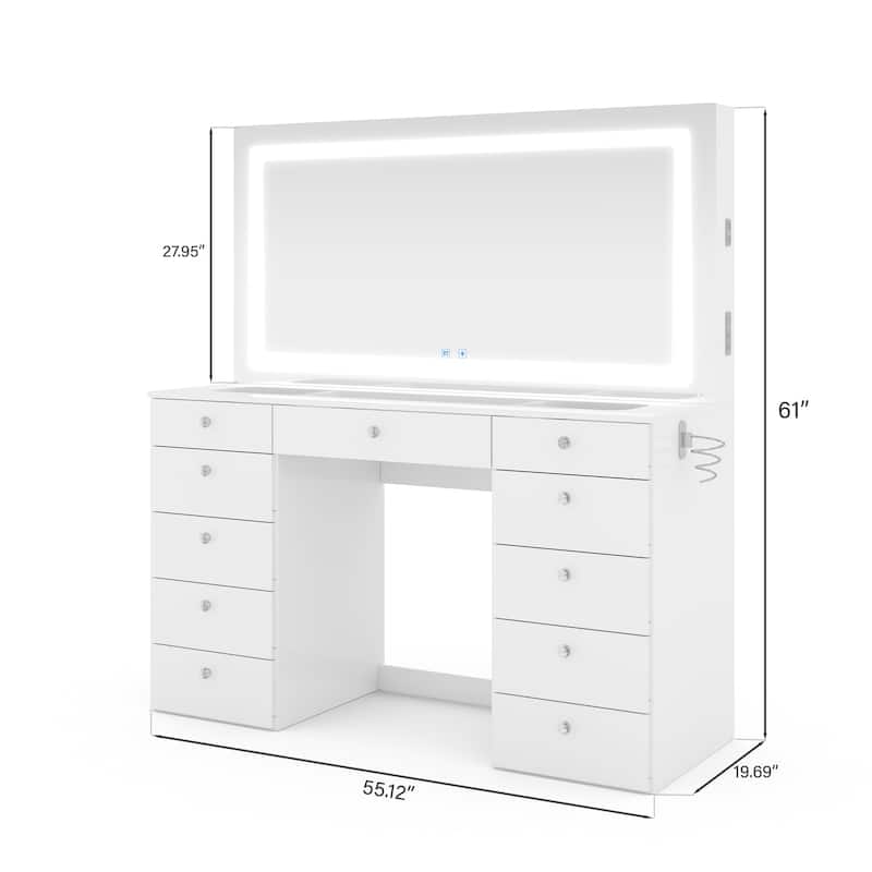 Extra-Large Vanity Desk with LED Mirror, Bluetooth Speakers, 11 Drawers and USB Ports