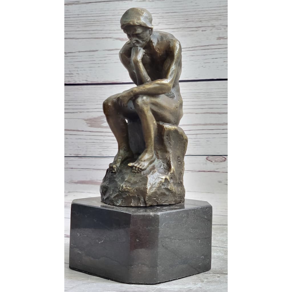 The Thinker Thinking Man By Auguste Rodin Bronze Sculpture Statue Figure On Marble Base