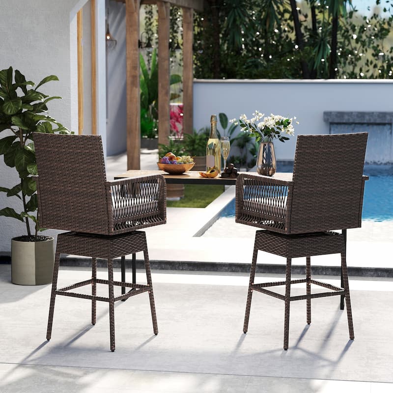 29-Inch Mix Brown Rattan Bar Height Swivel Stool with Comfortable Cushion for Outdoor Use - 22" x 22" x 46.5"
