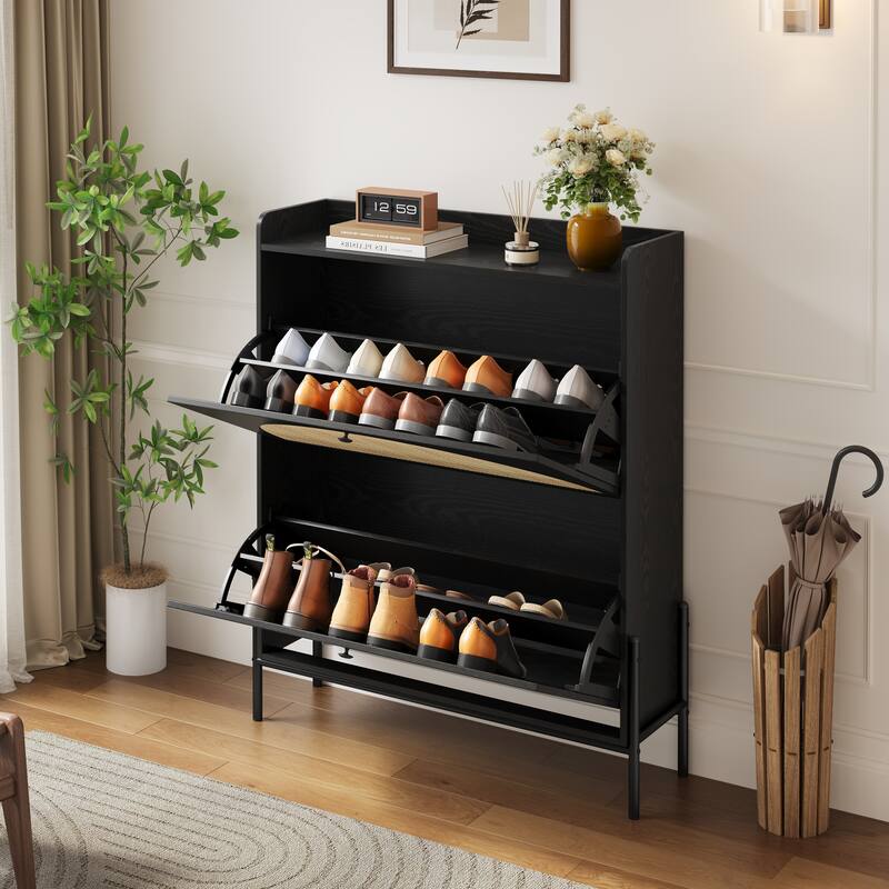 2-Drawer Wooden Shoe Cabinet with Rattan Doors/Narrow Freestanding Storage Organizer for Entryway