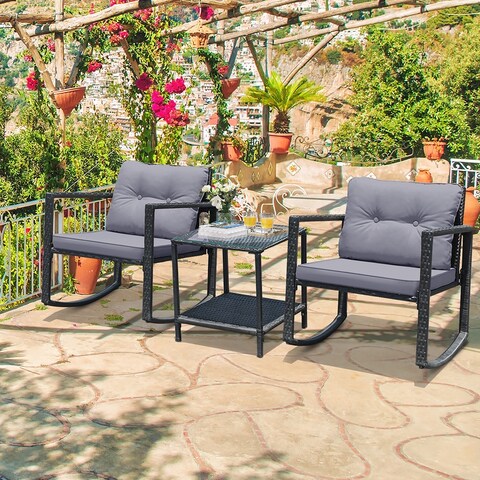 3 PCS Wicker Rocking Set Outdoor Chairs and Table Set with Glass Table