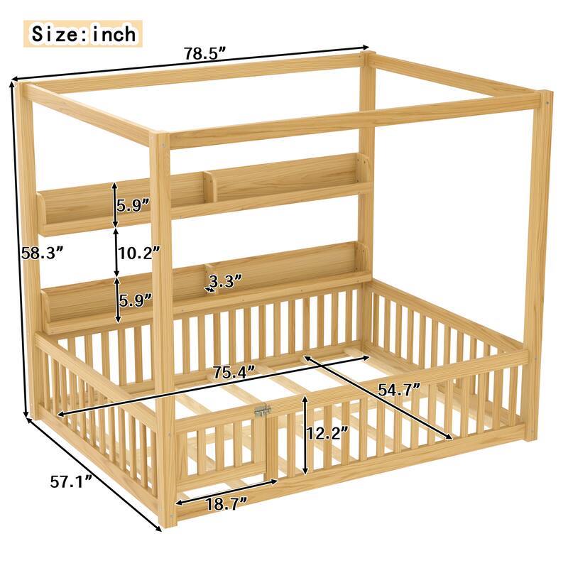 Twin/Full Size Montessori Floor Bed with Canopy and Guardrails, Solid Wood Kids Bed Frame with Shelves, No Box Spring Needed