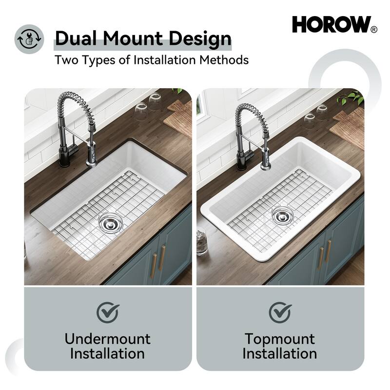 HOROW White Fireclay 32 in. Single Bowl Undermount/Drop-In Kitchen Sink with Basket Strainer and Sink Grid
