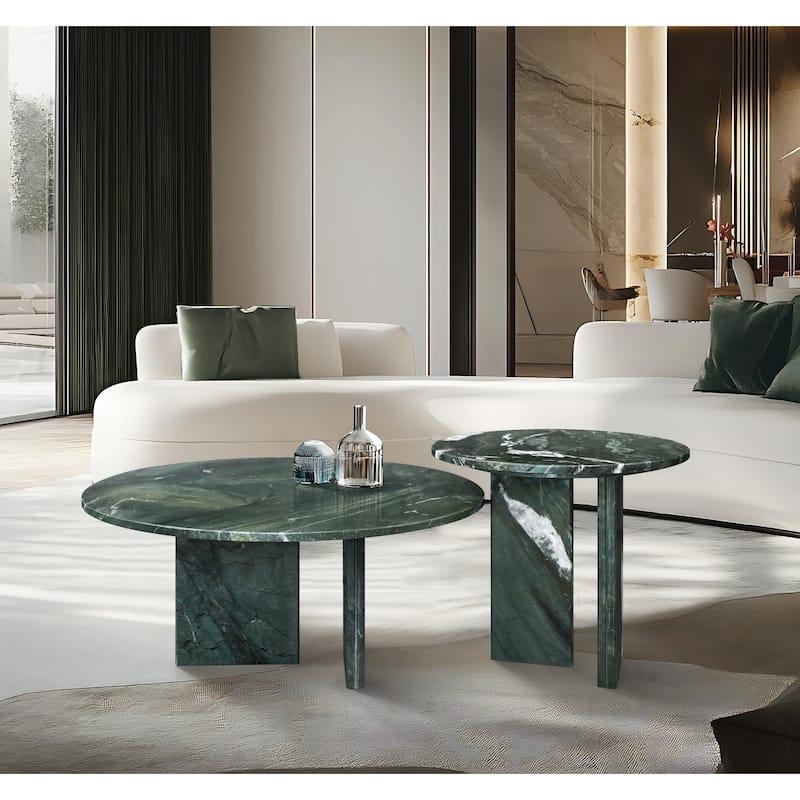Roomfitters Marble Coffee Table Set, Round Living Room Tables, Solid Stone Modern Accent Table Set, Genuine Marble - Green