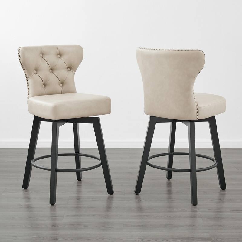 Logan Swivel Bar Stools Tufted Wingback with Nail Head - Set of 2 - Beige-Faux Leather