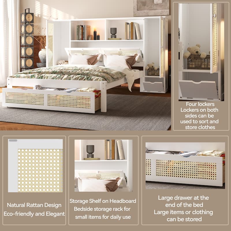 Twin Size Wooden Bed w/ 2 Storage Lockers, Drawer & Storage Shelf on Headboard, Multifunctional Platform Bed, Walnut