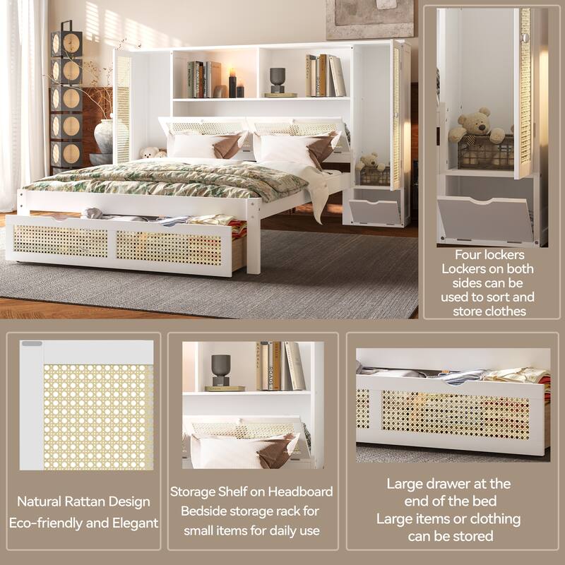 Twin Size Wooden Bed with Two Storage Lockers, Drawer, and Storage Shelf on Headboard