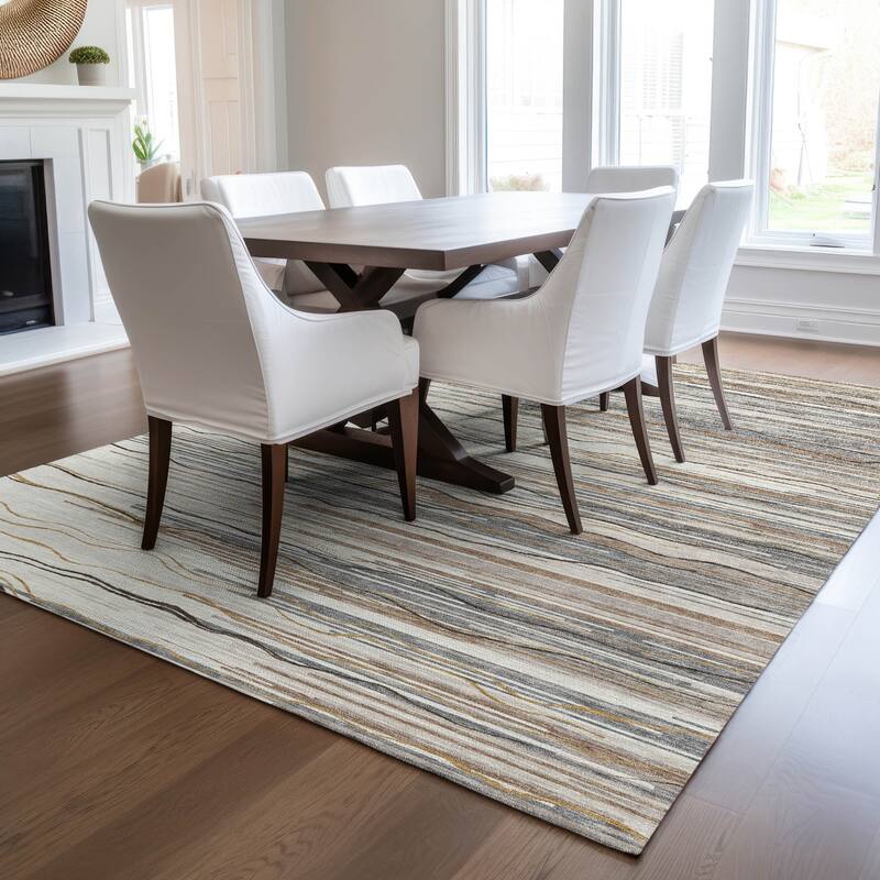 Machine Washable Indoor/ Outdoor Modern Stripe Chantille Rug