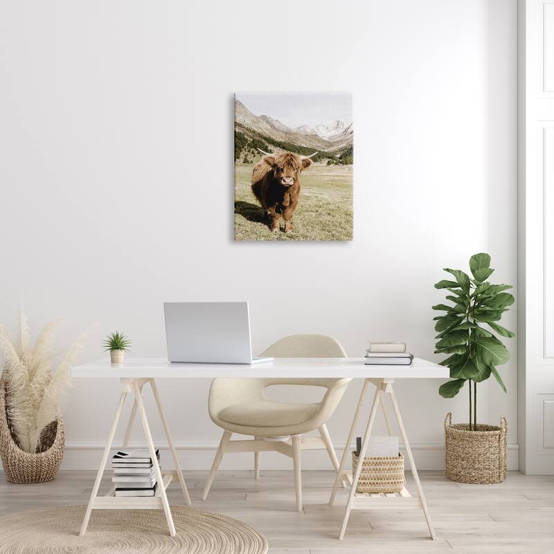 Stupell Countryside Highland Cattle Distant Mountain Longhorn Photograph Canvas Wall Art - Green