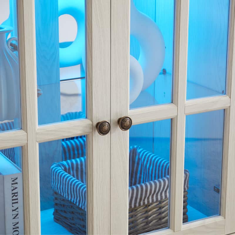LED Antique Curio Display Cabinet with Glass Doors, 4 Door Vintage Showcase with Adjustable Shelves