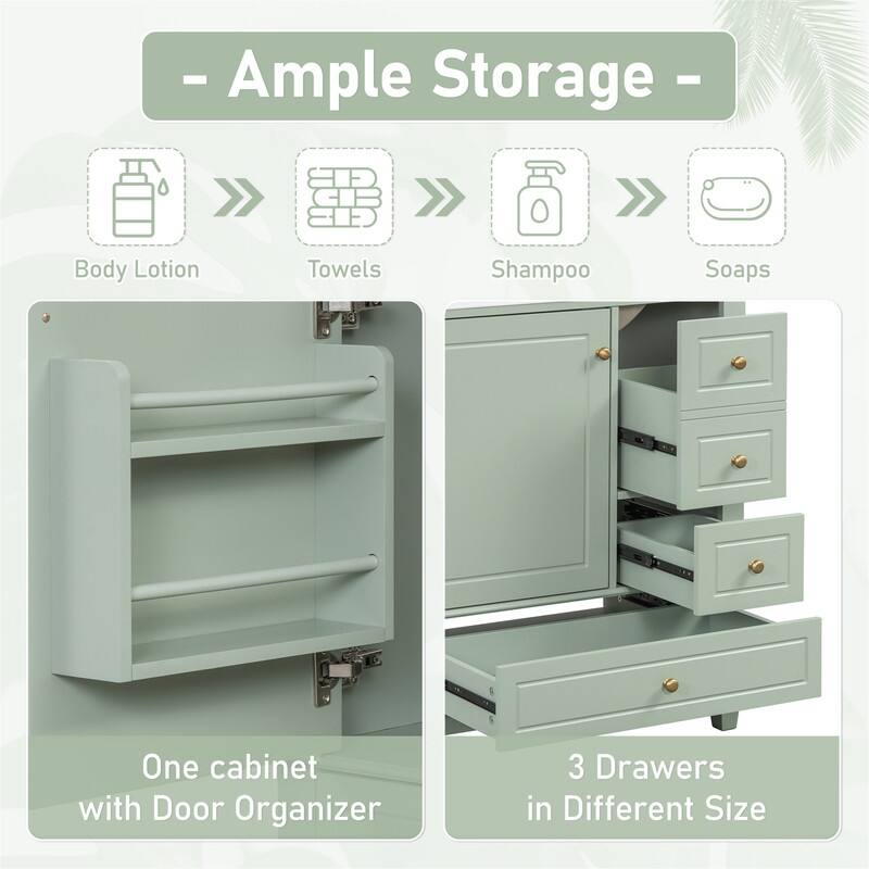 30" Bathroom Vanity with Ceramic Sink, Freestanding Bathroom Vanity Cabinet w/ 3 Storage Drawers, 1 Soft Close Door & Door Shelf