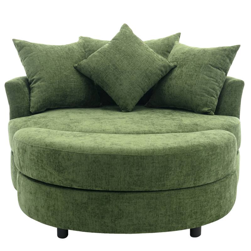 Roomfitters Modern 360° Swivel Barrel Chair with Hidden Storage Ottoman, Chenille Upholstery and Four Pillows