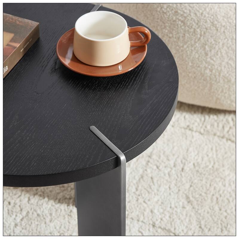 Round Coffee Table Black Oak Wood Surface and Black Metel Feet