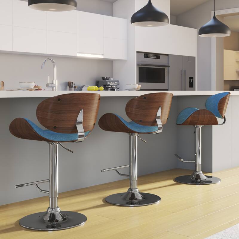 WYNDENHALL Avondale Mid Century Modern Bentwood Adjustable Swivel Bar Stool - 20.9 W x 20.5 D x 45.3 H - Blue Linen