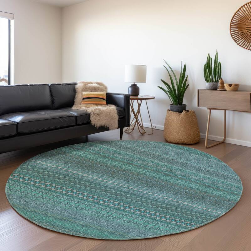 Premium Washable Super Soft Boho Stripes Mayfield Rug - Turquoise - 8' x 8' - Round