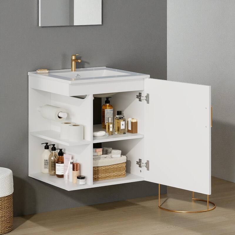 20" Wall Mounted Bathroom Vanity with Sink, Solid Wood & MDF Floating Cabinet, Side Shelf & Soft-Close Door