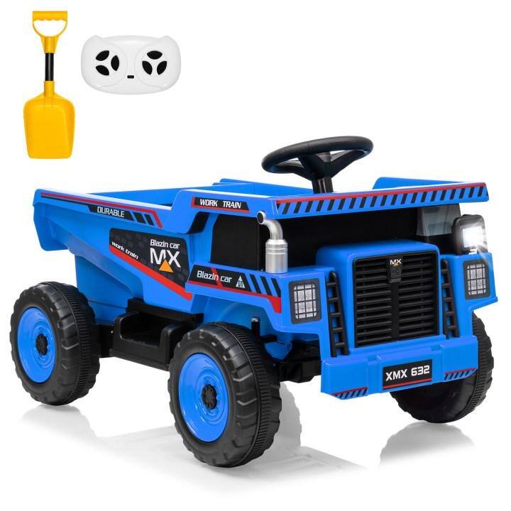 12V Ride-On Dump Truck with Remote Control, Automatic Lift Bed, Shovel & Music Player – for Kids Ages 3–8 - Blue