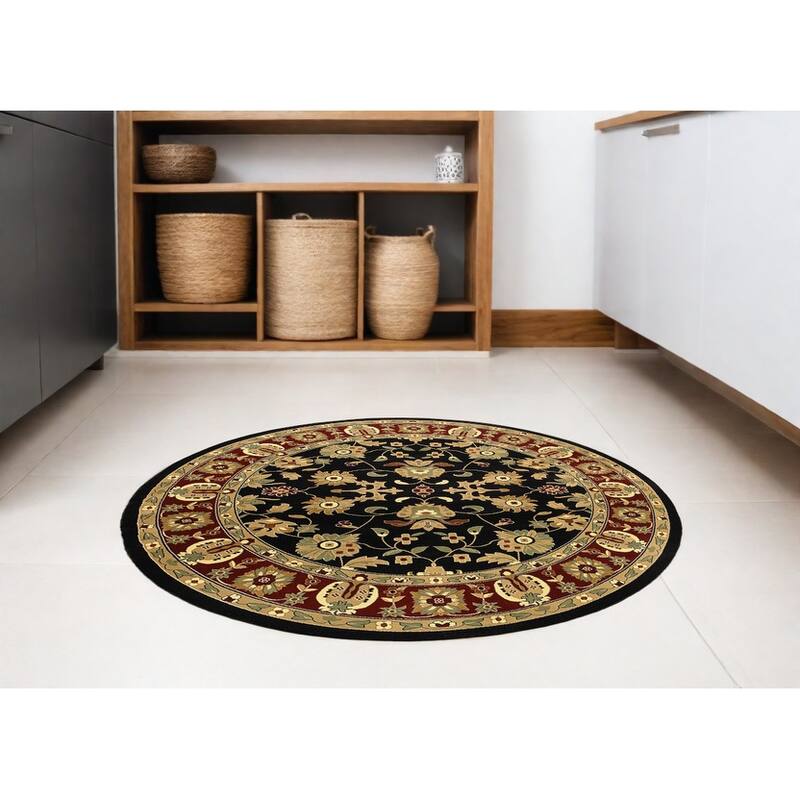 Geometric Floral Traditional Stain Resistant Woven Area Rug - 74' X '74' X '0.5 - 74' X '74' X '0.5 - Black and Red - Round