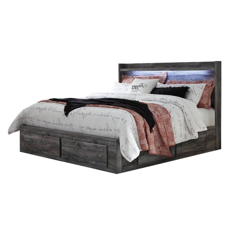 Bays King Size Storage Bed with 4 Drawers, Driftwood Smoke Gray, LED