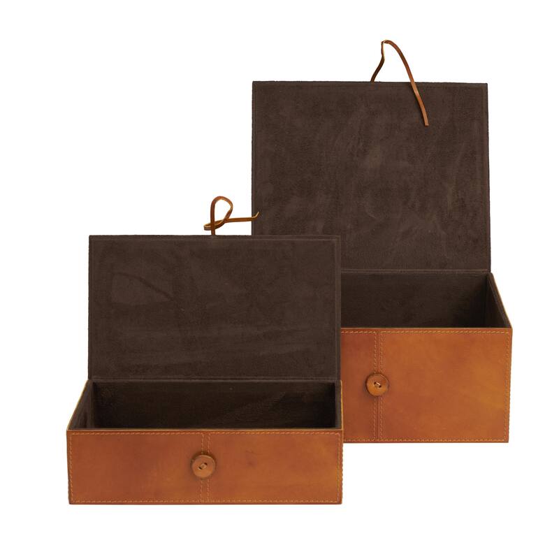 Leather Handmade Decorative Box with Hinged Lid - Set of 2 Gray, Brown, Dark Brown, Gold, Silver - Roche River Decor