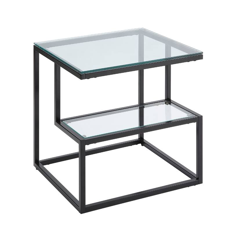 Elena End Table with 2-Tier Design, Glass Top and Shelf, Black Metal