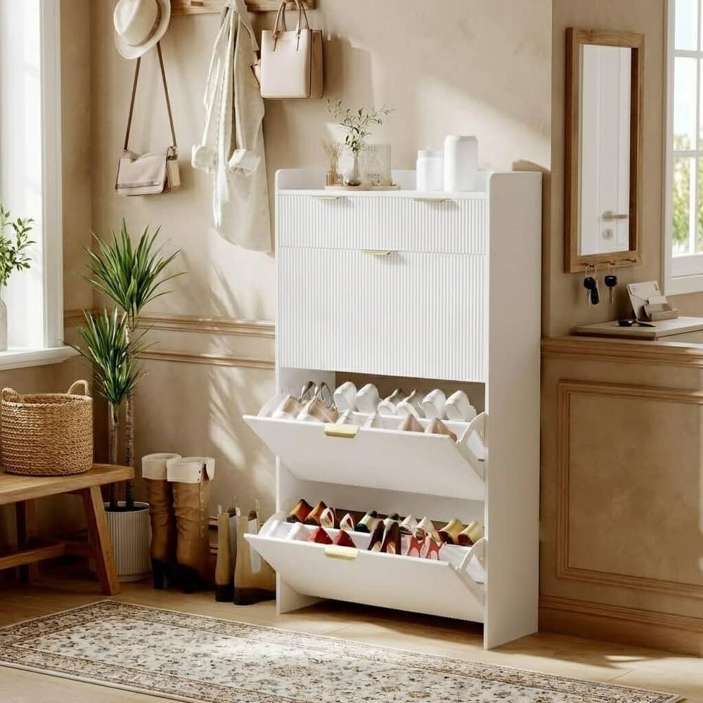 Modern Fluted Slim Shoe Storage Cabinet Organizer with 3 Flip Drawers for Apartment