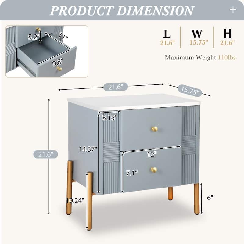 Modern Nightstand with 2 Storage Drawer and Golden Metal Handles for Living Room