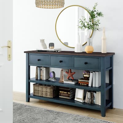 Retro Design Console Table with Two Open Shelves,Pine Solid Wood Frame and Legs