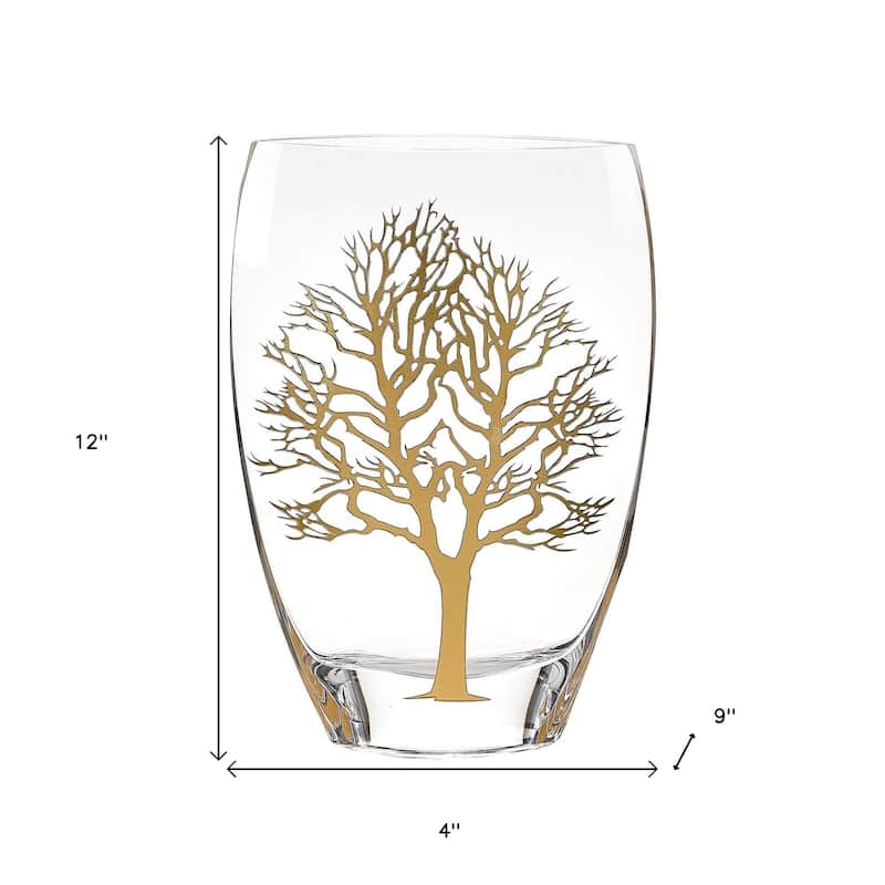 HomeRoots 12" Clear And Gold Tree Of Life Oval Lead Free Crystal Table Vase