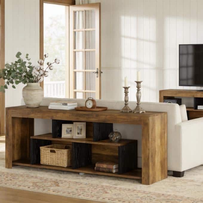 63" Rustic Wooden Console Sofa Table, Long Entryway Table with Storage