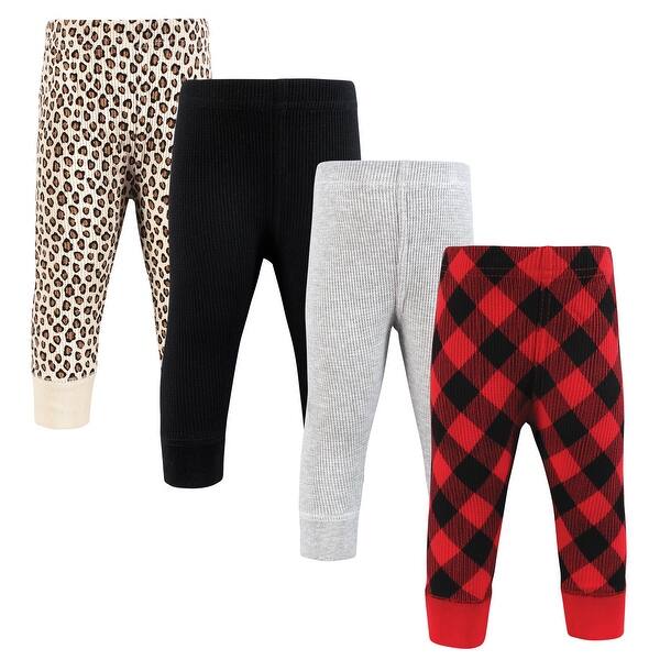 slide 1 of 1, Hudson Baby Infant Girl Thermal Tapered Ankle Pants 4pk, Buffalo Plaid Leopard 0-3 Months - Buffalo Plaid Leopard