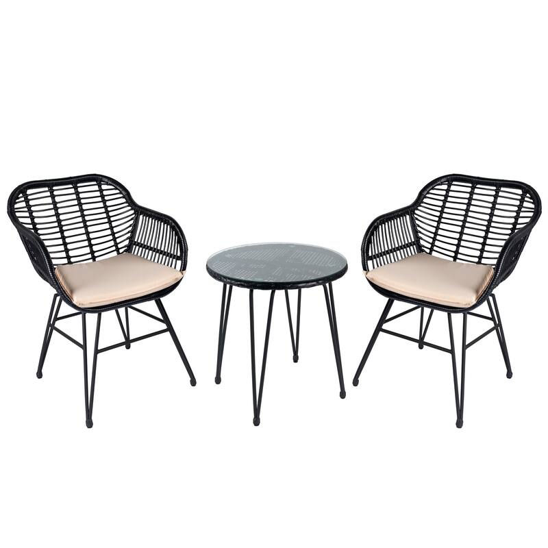 3 Piece Outdoor Wicker Furniture Patio Bistro Set With Cushions for Porch Poolside Garden - 21.2"L x 23.6"W x 31.5"H