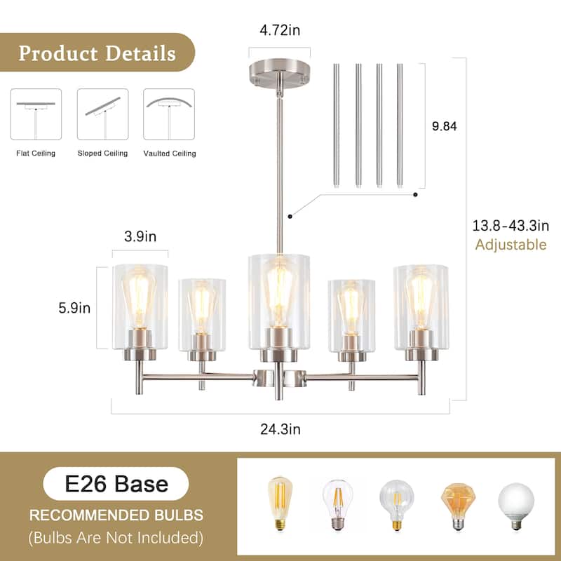 5-Light 5.9"H x 24.3"W Farmhouse Chandelier for Living Room Bedroom