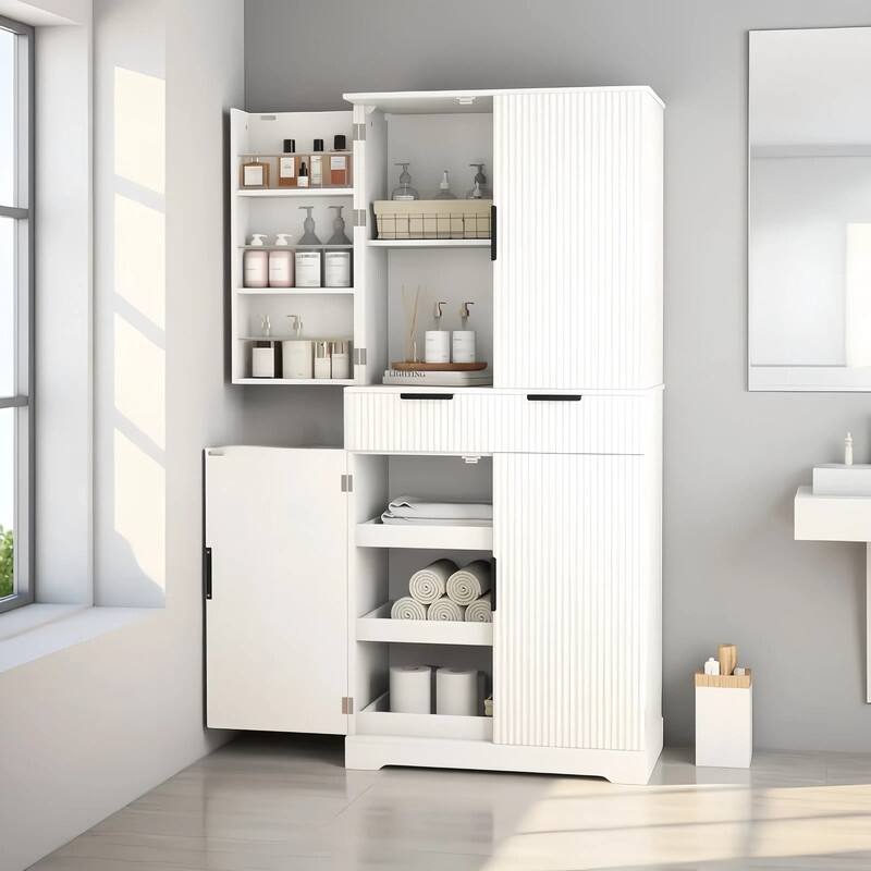 72"H bathroom storage Cabinet with 3 Keyboard Drawers, 6 Door Shelves Adjustable, a slide-out drawer